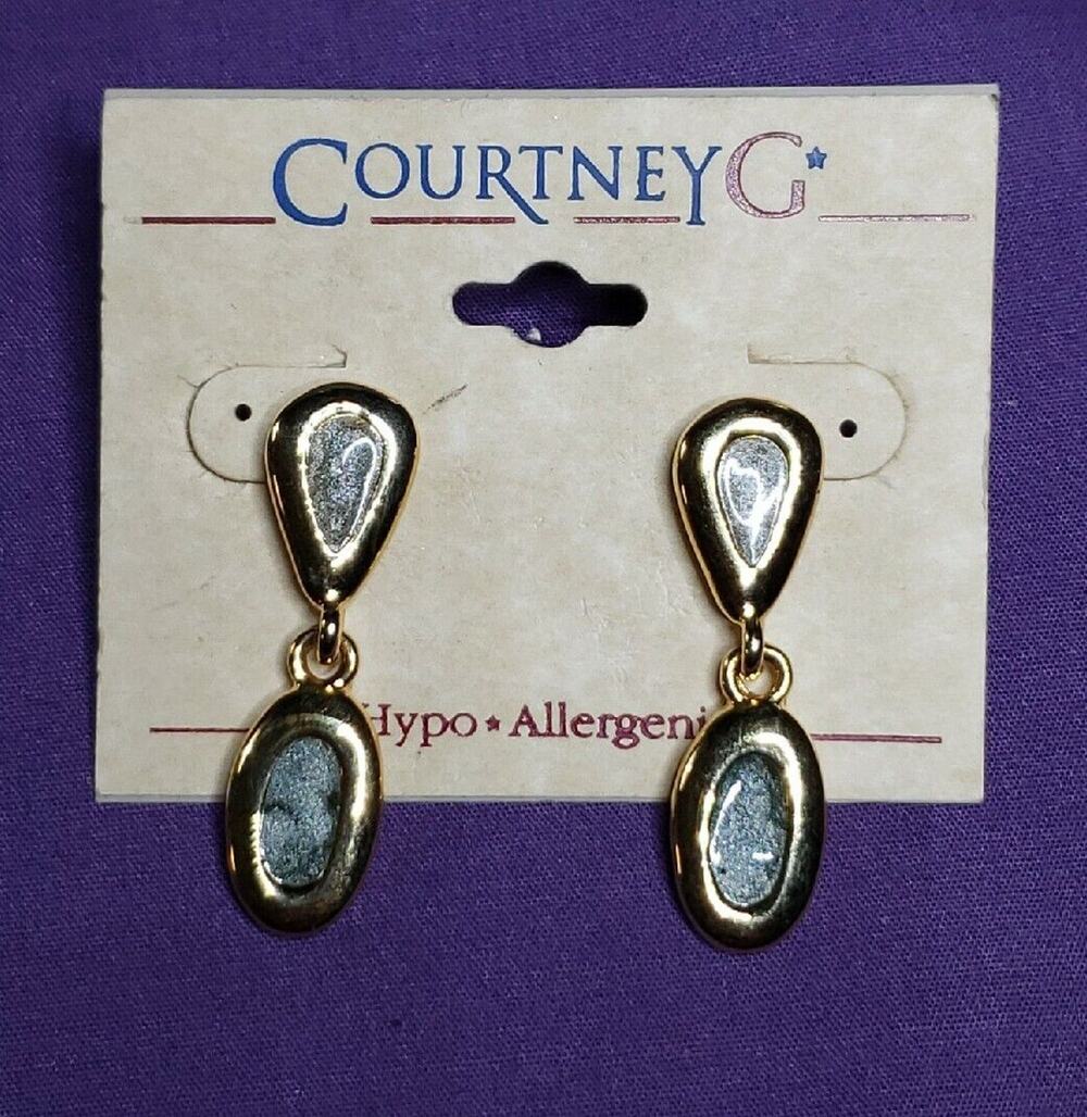 Courtney G Dangle Earrings, Gold Tone & Glitter Enamel, hypo allergenic, on card